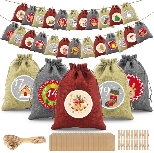 Adventskalender zum Befüllen 2025, 24 Stück Weihnachtskalender Jutesäckchen 18 x 13cm Groß, Adventskalender Selber Befüllen, Weihnachtsdeko Tüten, Weihnachten Geschenktüten