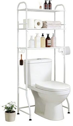 Poskena Over Toilet Storage Unit, 3-Tier Bathroom Storage Shelves with 3 Hooks & Toilet Paper, Space-Saving Toilet Storage Rack, Suitable for Bathrooms & Laundry Rooms