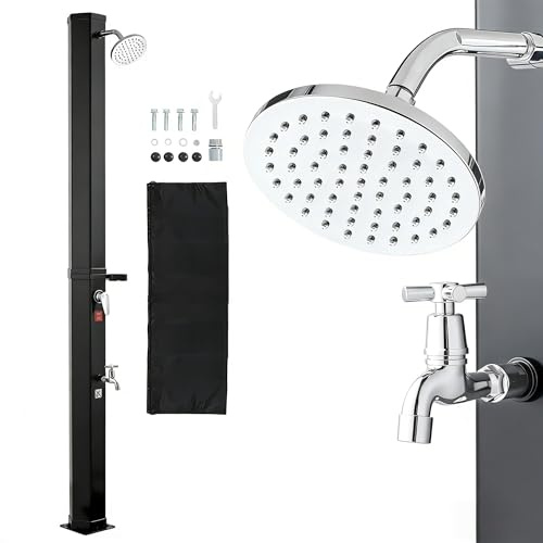 VEVOR Soldusch 40 L, trädgårdsdusch 2290 mm, utomhusdusch, med hand- och fotkran, varm- och kallvattenreglering, pooldusch max. 60 °C, campingdusch för trädgård, poolområde, strandpool, svart