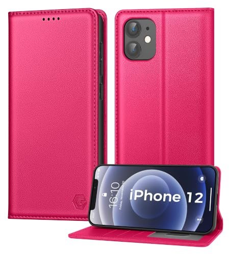 Kirnntca Handyhülle für iPhone 12/12 Pro Hülle, Kartenfach Premium PU Leder Klapphülle Schutzhülle, Standfunktion Tasche Flip Case für iPhone 12/12 Pro - Magenta