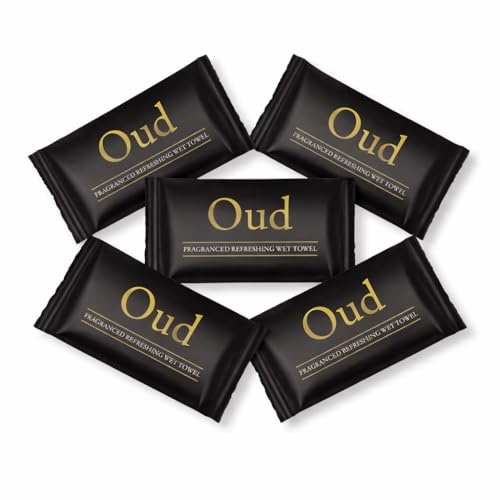 e-Lite® Oud Fragranced Refreshing Wet Towels | Individually Wrapped Moist Hand Wipes | Luxury Scented Disposable Towelettes for Restaurants, Travel & Events | 100 Individually Packed Wipes