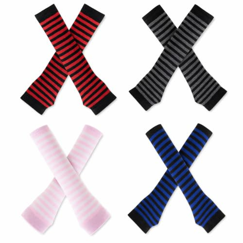 4 Paare Arm Warmers, Lange Gestreift Stricken Fingerlose Armstulpen für Damen & Femboy, Kawaii Fashion Handschuhe für Sommer Herbst Winter, geeignet für Outdoor Aktivitäten