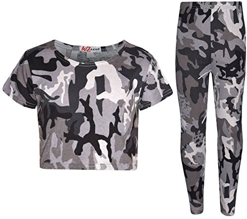 A2Z 4 Kids Girls Camouflage Crop Top Legging Set Trendy Lightweight - A2Z Camo Crop Legging Charcoal 7-8