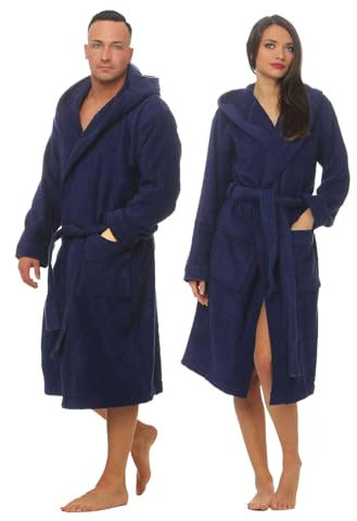 Class Home Collection Bademantel Damen & Herren mit Kapuze – 100% Baumwolle Frottee, weich, saugstark & lang – Unisex Morgenmantel für Spa & Zuhause – OEKO-TEX zertifiziert Navy Gr. XXL