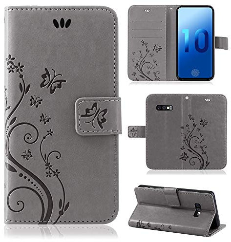 Hülle Kompatibel mit Samsung Galaxy S10e SM-G970 | Premium PU Leder Handyhülle Wallet Case | Schutzhülle Blumen Klapphülle Handyhülle | Grau