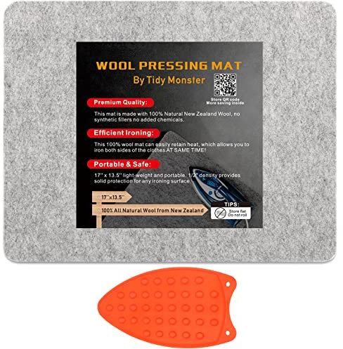 17''x13.5'' Wool Pressing Mat for Quilting, 100% Wool from New Zealand, Portable Felted Wool Ironing Mat with a Silicon Iron Rest Pad