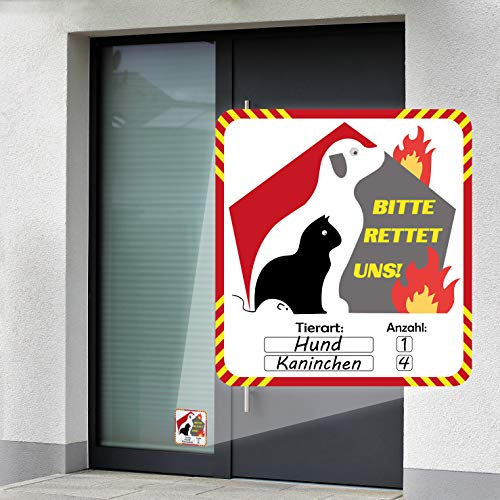 P017 | Notfall Aufkleber | Haustier Rettung 2er Set | Bitte rettet Uns | Brandschutz Leitsystem für Feuerwehr (90 mm x 90 mm, V1 Rot/Gelb)