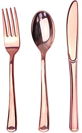 JL Prime 75 Roségold Kunststoff-Besteck-Set, Strapazierfähige Utensilien für Party & Hochzeit, Einweg-Besteck, 25 Gabeln, 25 Löffel, 25 Messer