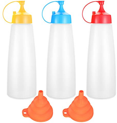 3PCS Squeeze Bottles with Caps, BPA Free No Leak Sauce Bottle, Reusable Containers with 2 Silicone Funnel for Olive Oil, Tomato Sauce, Salad Dressing, Seasoning (550ml)