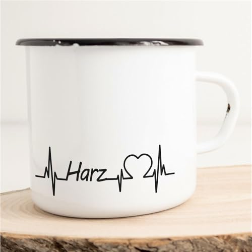 Huuraa Emaille Tasse Harz Herzschlag Puls 300ml | Geschenk Kaffeebecher Vintage Blech Campingtasse mit Schwarzem Rand Kaffeetasse Geschenkidee