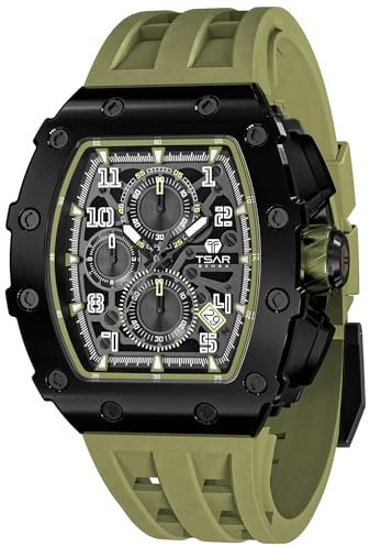 TSAR BOMBA Herren Uhr Tonneau Chronograph 50M Wasserdichter Luxus Skelett Daydate Armbanduhr Stilvolles Cool Tauchen Sport Männer Uhren Japanisches Quarzwerk Saphirglas Geschenk für Männer