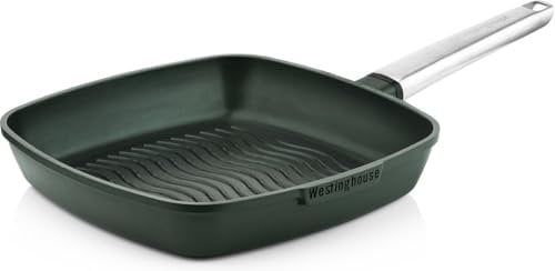 Westinghouse Performance Series Non Stick Griddle Pan for Induction Hob - 28cm Steak Pan Lightweight Cast Aluminium - Griddle Pans for All Stoves & Oven Proof - Stainless Steel Handle - Green