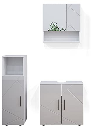 Vicco Badmöbel-Set Irma, Weiß Hochglanz, 80 cm | besteht aus Waschbeckenunterschrank, Spiegelschrank und Midischrank