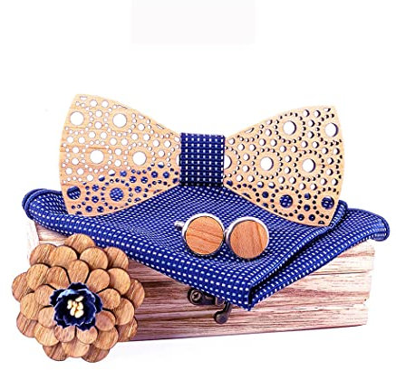 HZQIFEI Noeud Papillon Bois, Ensemble 4 Pièces Noeud Papillon en Bois + Boutons de manchette + Broche + Carré de Poche, Accessoire Mode (Style#12)