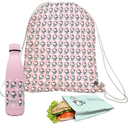 NERTHUS FIH 965 Set Hello Kitty Borsa da Sandwich + Zaino + Bottiglia Doppio Parete Acciaio Inossidabile 500 ml