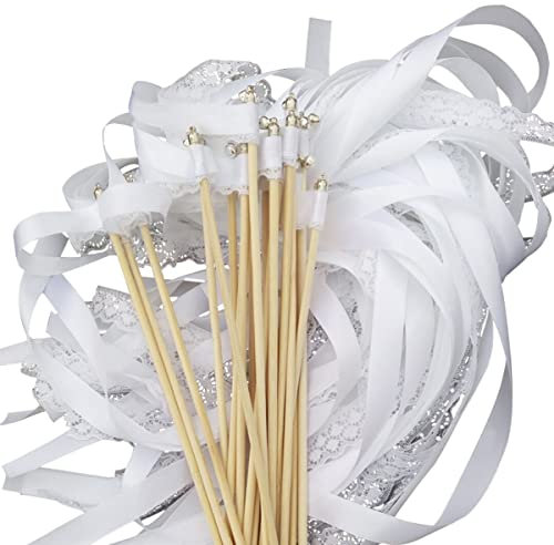 Cozylkx 50 Stück Hochzeits Luftschlangen Sticks Mit Glocken, Wish Wands Baton Twirling Fairy Wand Stick Für Party,Weiß+Spitze