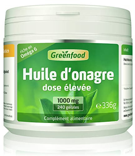 Greenfood Huile d'onagre, 1000 mg, dose élevée, 240 gélules - Sans additifs artificiels. Sans génie génétique.