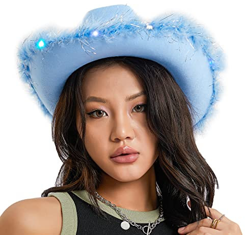Qtinghua Cowboyhut für Damen, flauschiger Federbesatz, Halloween-Kostüm, Cowgirl-Hut für Cosplay, Kostümparty, Rollenspiel, Geburtstagsparty, Blau mit LED, Weiß, Rosa, Einheitsgröße