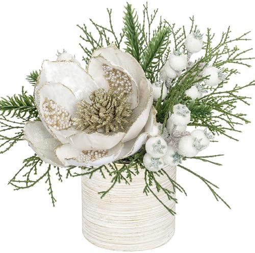Briful 9 Glitter Magnolia Artificial Flowers in Vase, Christmas Flowers White Flowers Artificial with White Berry Stems in Brushed Finish Ceramic Pot, Fake Magnolia for Xmas Decor