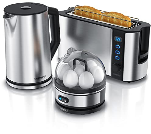 Arendo - Wasserkocher mit Toaster Set und Eierkocher, Edelstahl Silber Wasserkocher 1,5L, 40° - 100°C Toaster 2 Scheiben LED-Display 6 Bräunungsgrade Eierkocher 1-7 Eier Messbecher BPA frei