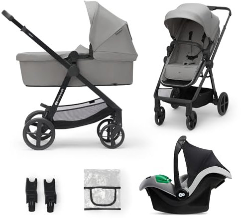 Kinderkraft NEWLY Kinderwagen 3 in 1, Komplettset bis 22 kg, Kindersitz I-Size 40-75 cm im set, Kombikinderwagen mit Fußsack, wasserfestes Verdeck mit UPF50+, Zusammenklappen, Liegeposition, Grau