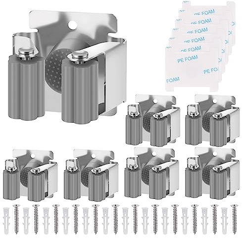 Hejo 304 Stainless Steel Broom Holder Wall Mounted, Heavy Duty Mop Holder Racks and Hooks Ideal for Bathroom, Kitchen, Garage, Garden Tool Organizer, Brush Mop and Broom Gripper (6 Racks Grey)