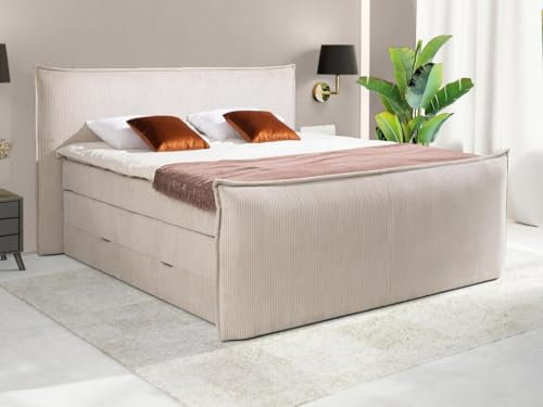 Vente-unique-Boxspringbett mit Kopfteil + Bettgestell mit Bettkasten + Matratze + Topper - 2 x 80 x 200 cm - Cord - Elfenbein - Rhoda von Palacio