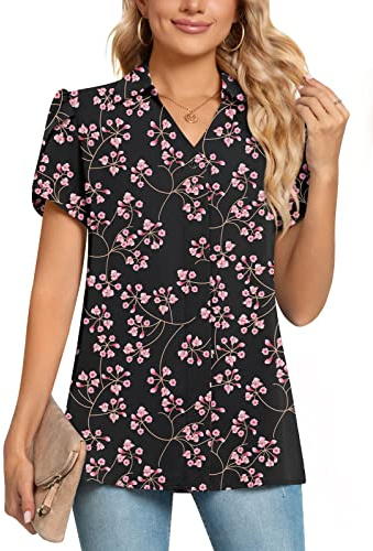 Aodemo Women's Summer Collared V Neck Chiffon Blouse Dressy Business Tunic Petal Short Sleeve Office Shirt Tops for Work XL, Fl Gypsophila Black
