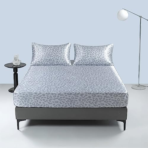 Damier Satin Spannbettlaken 160x200cm Blau Leopardenmuster Seide Glänzend Spannbetttuch Hochwertiges Satin Deluxe Bettlaken, geeignet für Matratzen bis 25cm