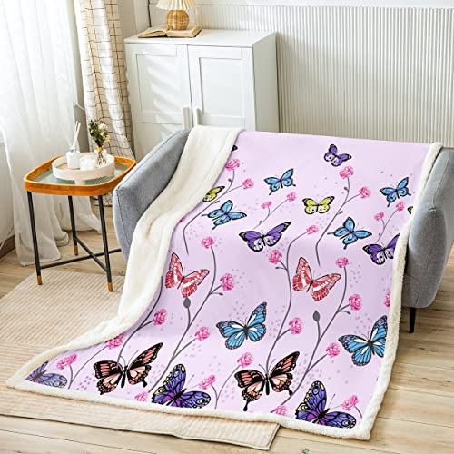 Loussiesd Schmetterling Wohndecke Mädchen 150x200cm Rosa Violett Schmetterling Blumen Flanell Fleecedecke Bauernhof Blumenzweig Pflanze Kuscheldecke Kinder Frau Schlafzimmer Romantisch Decke