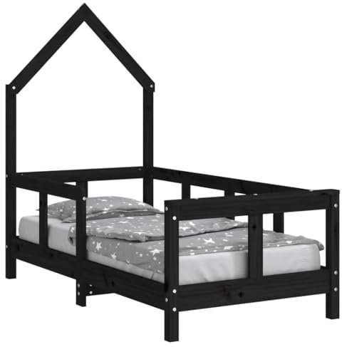 vidaXL Kinderbett, Kinder Bettgestell in Hausform, Hausbett für Kleinkinder zwischen 18 Monaten und 4 Jahren, Einzelbett Kinder Holzbett, Schwarz 70x140 cm Massivholz Kiefer