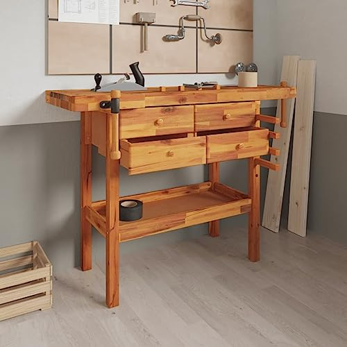 Camerina Werkbank mit Schubladen Schraubstöcken 124x52x83 cm Akazienholz Werkstatteinrichtung Mobile Werkbank