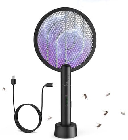 GOOQAND 1er Elektrische Fliegenklatsche, 4000V Elektro Mückenklatsche, UV Elektrischer Fliegenfänger, 2 in 1 Mückenlampe Mücken, USB Insektenfalle mit Ladebasis, Innen Außen