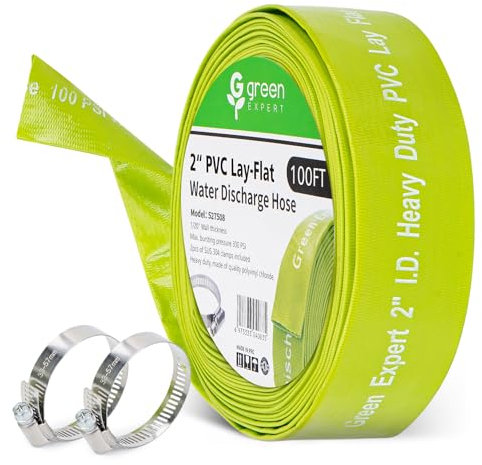 Green Expert 2 Inch ID Lay Flat Discharge Hose 100 feet with Clamps Reinforced PVC Drain Hose Heavy Duty for Sump Pump Quickly Water Removal Pool Filter Backwash Accessory Green
