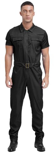 ranrann Arbeitsoverall Herren Kurzarm Einteiler Arbeitsanzug Arbeitskleidung Jumpsuit mit Gürtel Reißverschluss Atmungsaktiv Schwarz XL