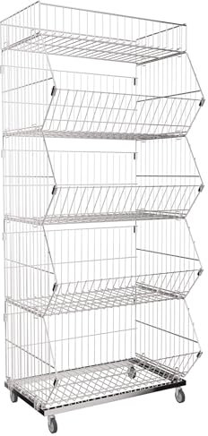 Aigentlich Rollregal verchromt mit 5 Gitterkörben B62 x T44,5 x H145 cm, Stapel Korbwagen, Wühlkörbe für Aktionsware, rollbares Obst- und Gemüseregal