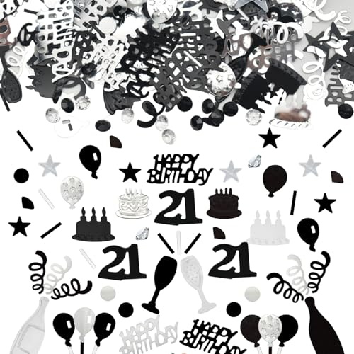 Konfetti 21 Geburtstag Deko, 21 Tischdeko Geburtstagdeko Confetti,Streudeko 21. Deko, Tischdeko 21 Geburtstags, Konfettiis Streudeko Geburtstages Schwarz und Silber Konfetties 21 Frauen Männer