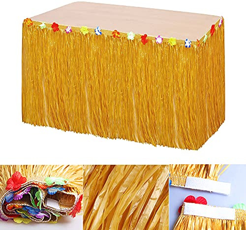 Jupe de table hawaïenne de 2,9 m - Décoration hawaïenne avec fleurs pour Tiki Bar Tropical Hawaiian Party
