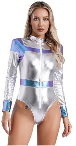 iEFiEL Damen Glänzende Body Kontrast Astronauten Kostüm Karneval Faschingskostüm Langarm Bodysuit mit Reißverschluss Einteiler Catsuit Silber M