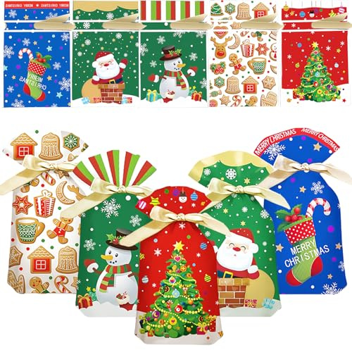 50 Stück Weihnachten Geschenkbeutel klein, 5 Designs Geschenktüte mit Kordelzug, 23x16x8cm Weihnachtstüte, Süßigkeiten Beutel Kekstüten Partytüten für Geschenke und Partygeschenke Verpackungen