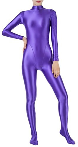 Fldy Damen Glänzend Jumpsuit Ganzkörperanzug Sport Bodysuit Yoga Overall Eng Einteiler Ganzkörper Kostüm Gymnastik Tanz Ballett Leotard Lila XL