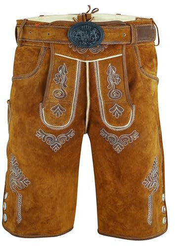 Spirit of Bavaria Trachten Lederhose Herren Kurz mit Gürtel - Kurze Trachtenhose - bayerische Trachtenlederhose - Oktoberfest Tracht Hose Braun 507 Gr. 46