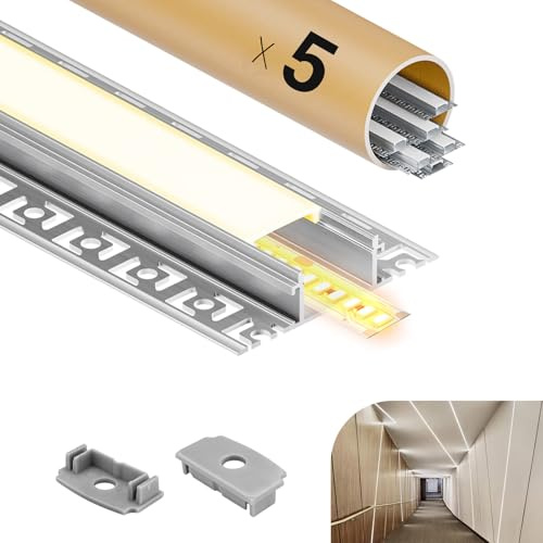 GEEKLUX LED-Aluminiumprofile, 5 x 2 m, LED-Profil für Gipsplatten, Aluminiumprofil für LED-Streifen, Diffusor, geeignet für LED-Streifen bis 20 mm (5 x 2 m (10 m))