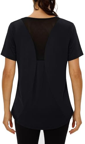 Terecey Sportshirt Damen Kurzarm Fitness Shirt Weich Locker Yoga Shirt Rundhals Schnell trocknend Funktionsshirt Leichtes Lässig Sport Workout Laufen Tops mit Back Mesh, Schwarz M