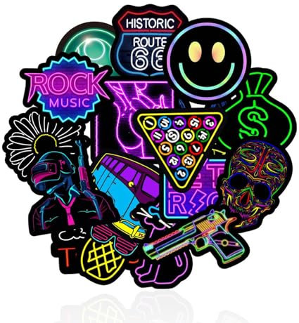 Erismithh Cool Neon Stickers 50pcs Cool Neon Graffiti Sticker Pack Waterproof Vinyl Stickers Decals Vintage Pop Art Sticker for Computers Guitars Bikes Skate Laptop