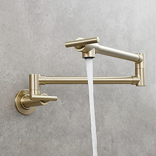 Topffüller, Küchenarmatur, massives Messing, klappbare Wandhalterung, dehnbarer Doppelgelenk-Schwenkarm, Einzelloch, 2 Griffe, ausziehbarer Arm, für Küche, Restaurant (gebürstetes Gold)