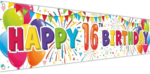 Happy Birthday 16th Banner – Geburtstagsdekorationen – Sweet 16 Birthday Hintergrund – Bday Banner Hintergrund 180 x 40 cm mit 4 Messinglöchern (weiß)