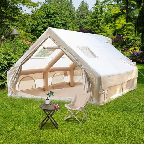 Jaxguom Tente de gamping Gonflable avec Ouverture de cheminée et fenêtre de Toit, Glamping pour l'extérieur, Gonflable en Tissu Oxford imperméable 4 Saisons, fenêtres et Portes avec (300x400x210cm)