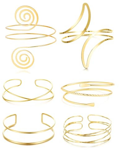 Hebterrka Armreif Set Gold 6 Stück, Verstellbare Goldene Oberarmreifen aus 14K Vergoldet, Vielseitiger Schmuck für Damen Für Hochzeit und Party