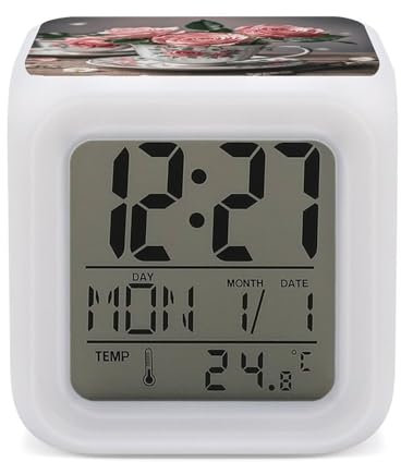 QSKDLAC Tea Cups with Roses Romantic Shabby Alarm Clock with 7-Color Changing Night Light Digital Clock Cute Alarm Clocks for Bedrooms, Livingroom, Office